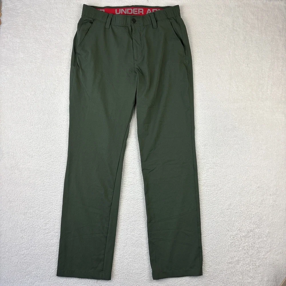 UNDER ARMOUR Mens Performance Golf Pants 34/32 Olive Green Loose Fit Lightweight